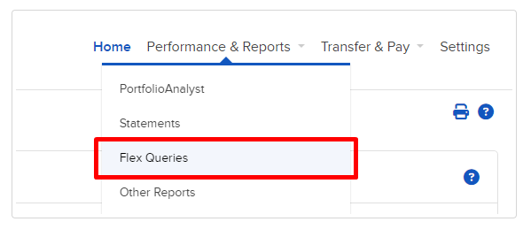 Performance & Reports menü – Flex Queries opció