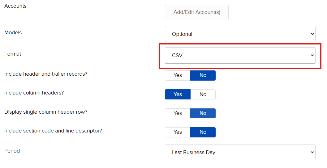 Delivery Configuration – CSV formátum kiválasztása