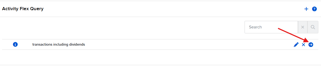 Flex Queries főoldal – jobbra mutató kék nyíl a futtatáshoz
