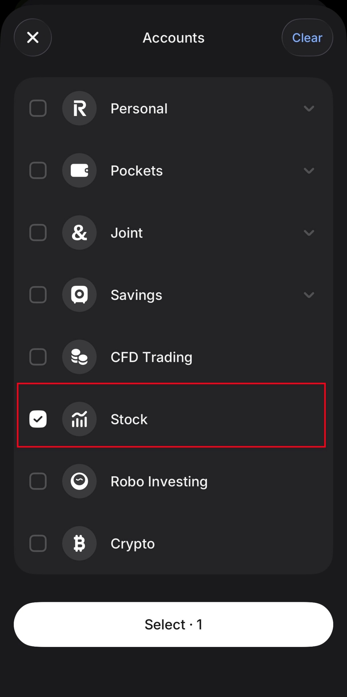 Stock számla kiválasztása a Customise szűrőben