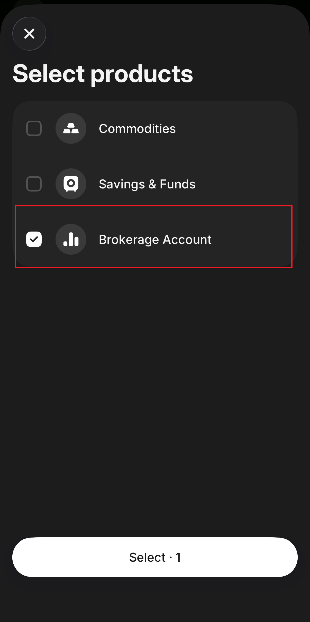 Brokerage Account szűrő kiválasztása