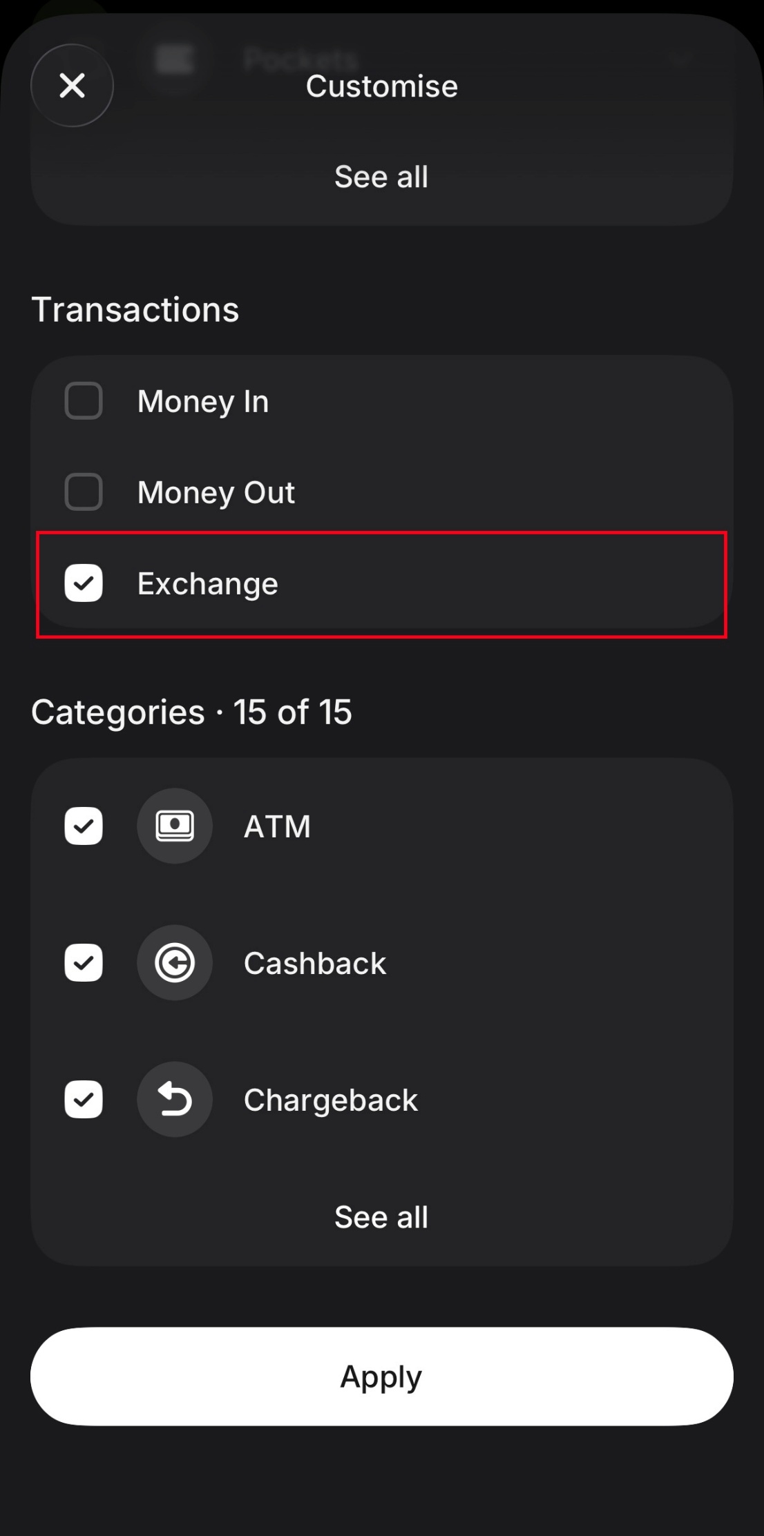 Exchange tranzakciótípus kiválasztása és Apply