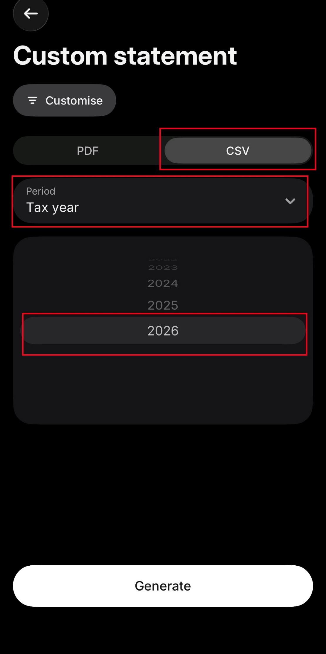 CSV formátum, Tax year periódus és Generate gomb