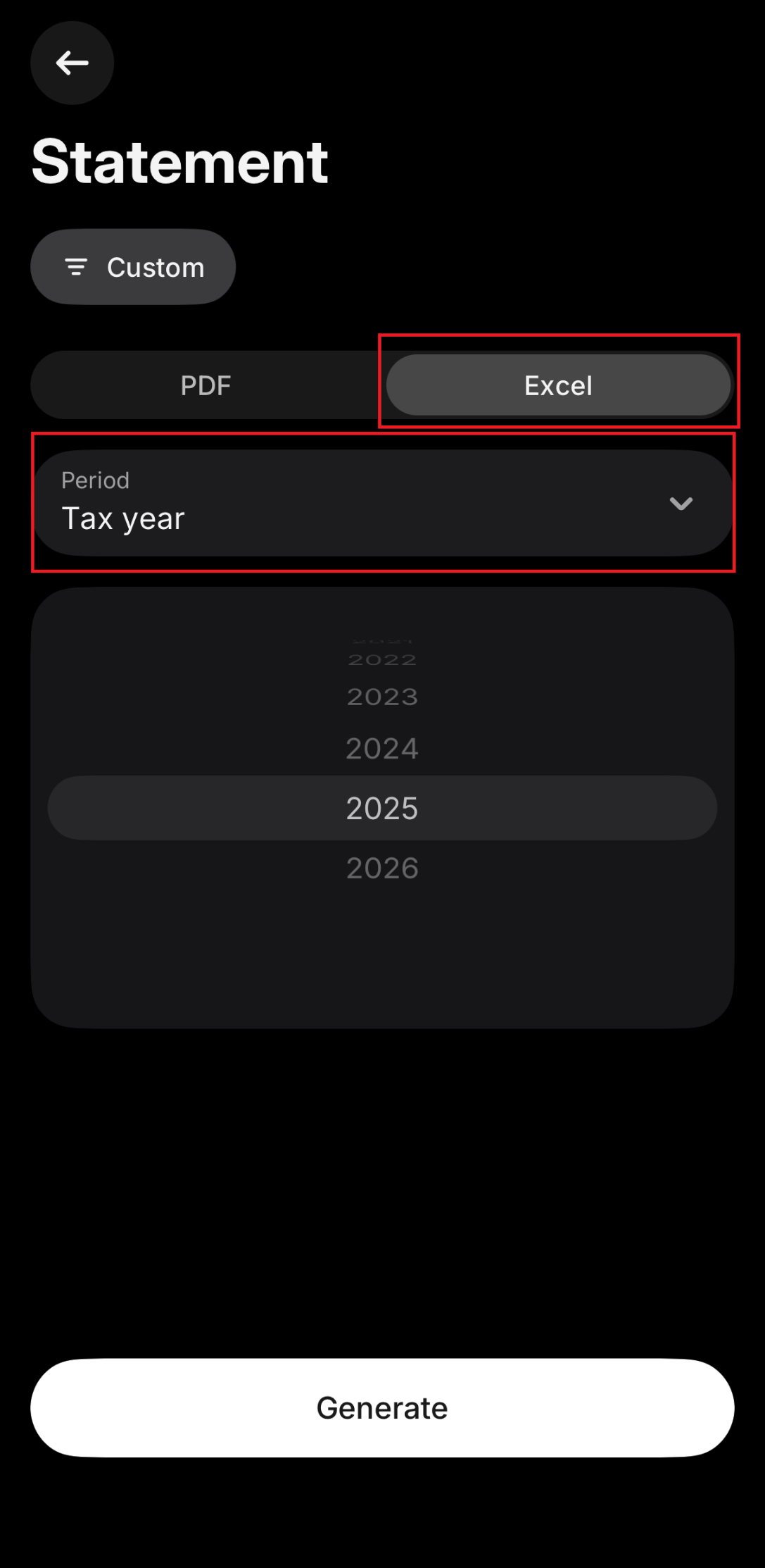Tax year periódus kiválasztása és Excel letöltés