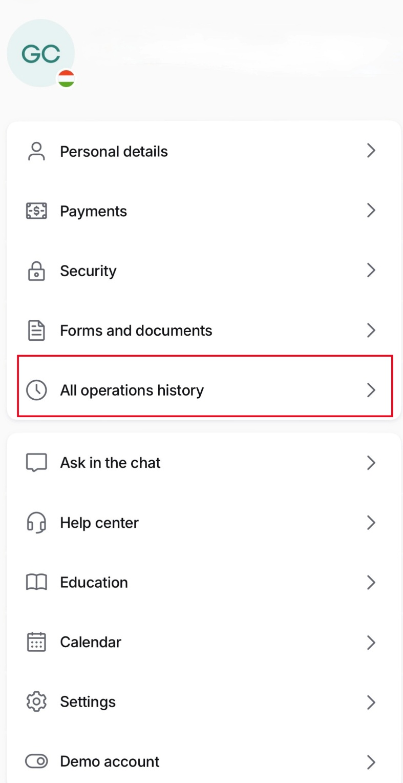 XTB profil menü az All operations history füllel