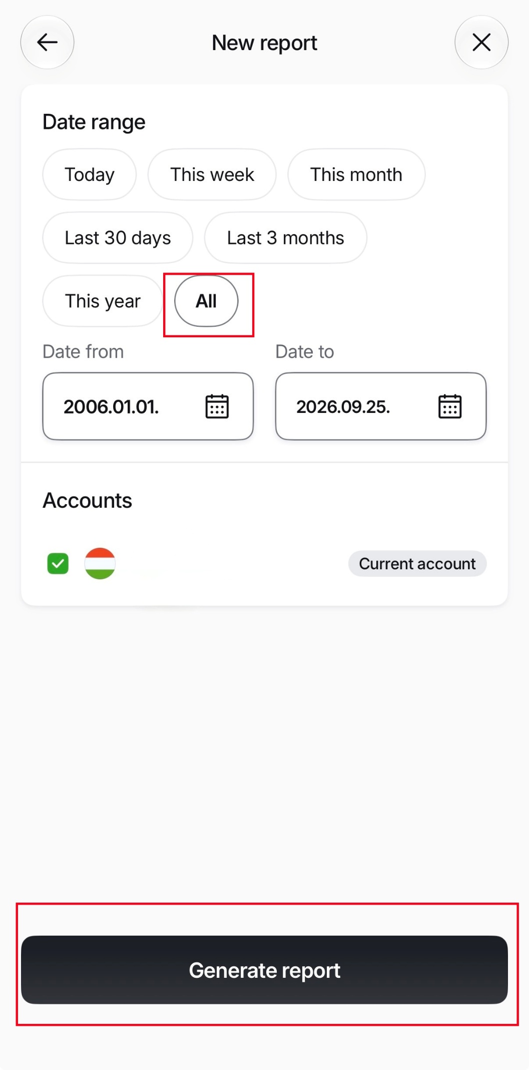 All időintervallum és Generate report gomb az XTB appban